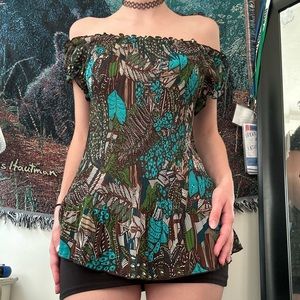 Jaipur blue and brown off the shoulder blouse